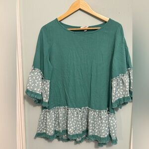 Umgee Teal Blouse with Patterned Ruffle Sleeves Sz S oversized